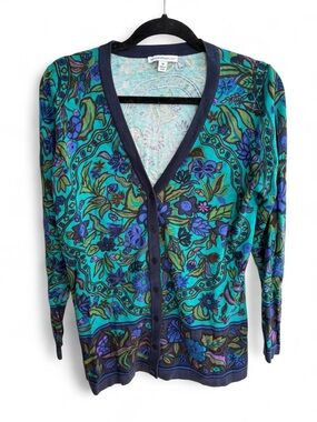 Isaac Mizrahi Teal & Blue Floral V-Neck Button Cardigan